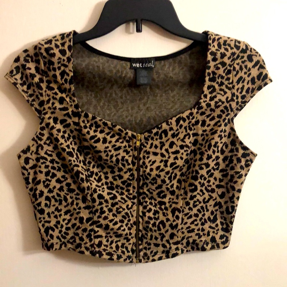 Wet Seal leopard print crop top with zipper (Large)